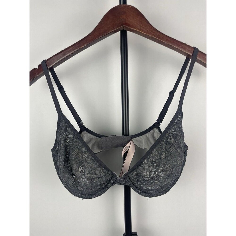 Victoria’s Secret Charcoal‎ Sheer Body by Victoria Unlined Plunge Lace Bra 32DD